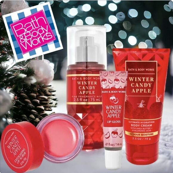 Bath & Body Works Winter Candy Apple 4 piece lip and body care bundle
